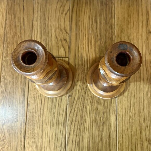 Vintage Hand Turned Mixed Wooden Candle Stick Holders 9” Boho - Picture 2 of 7